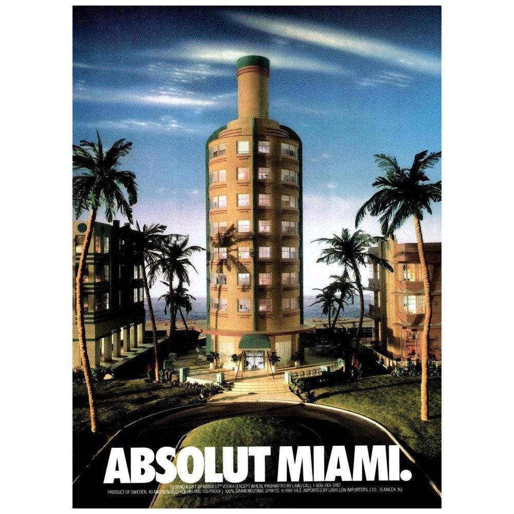 1993 Absolut Vodka Miami South Beach Art Deco Vintage Print Ad 90s Wall Art